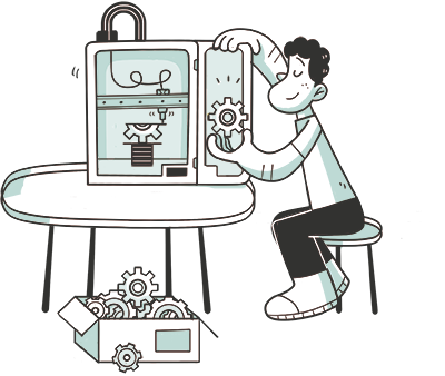 personaggio con stampante e piccolo lotto di produzione