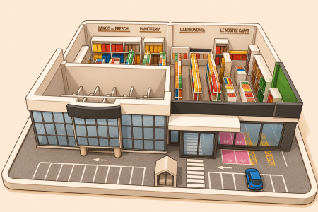 Modello in scala di un supermercato stampato in 3d con interni visibili